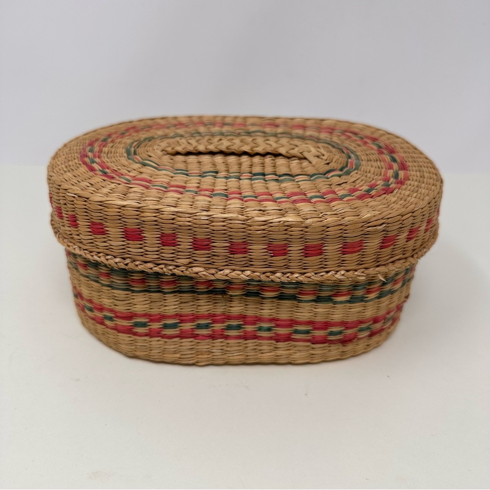 Vintage Woven Striped Oval Basket with Lid Pink Green